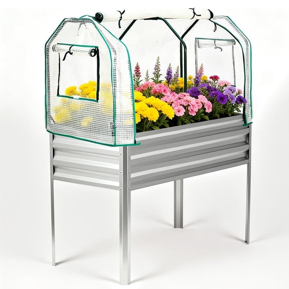 Pinypikaka 48" x 24" x 55" Raised Garden Bed with Cover, Large Galvanized Elevated Planter Box with Legs, 400 lbs Capacity for Patio, Balcony, Yard