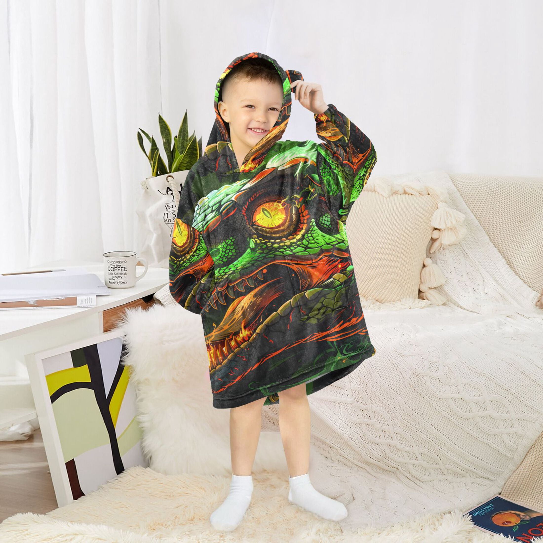 joogoo Wearable Blanket Hoodie for Kids Dinosaur with Fire Flannel Oversized Sweatshirt 3-14 Years M