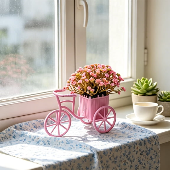 Japceit Mini Bicycle Planter With Artificial Flowers, Vintage Bike Floral Arrangement, Desktop Decoration Ornament, Cute Home Accent