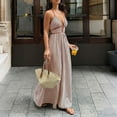 thumbnail image 6 of ClodeEU Women's Deep V Neck Halter Stripe Maxi Dress, Backless Sleeveless Casual Beach Long Dress Coffee,Womens Plus M, 6 of 6