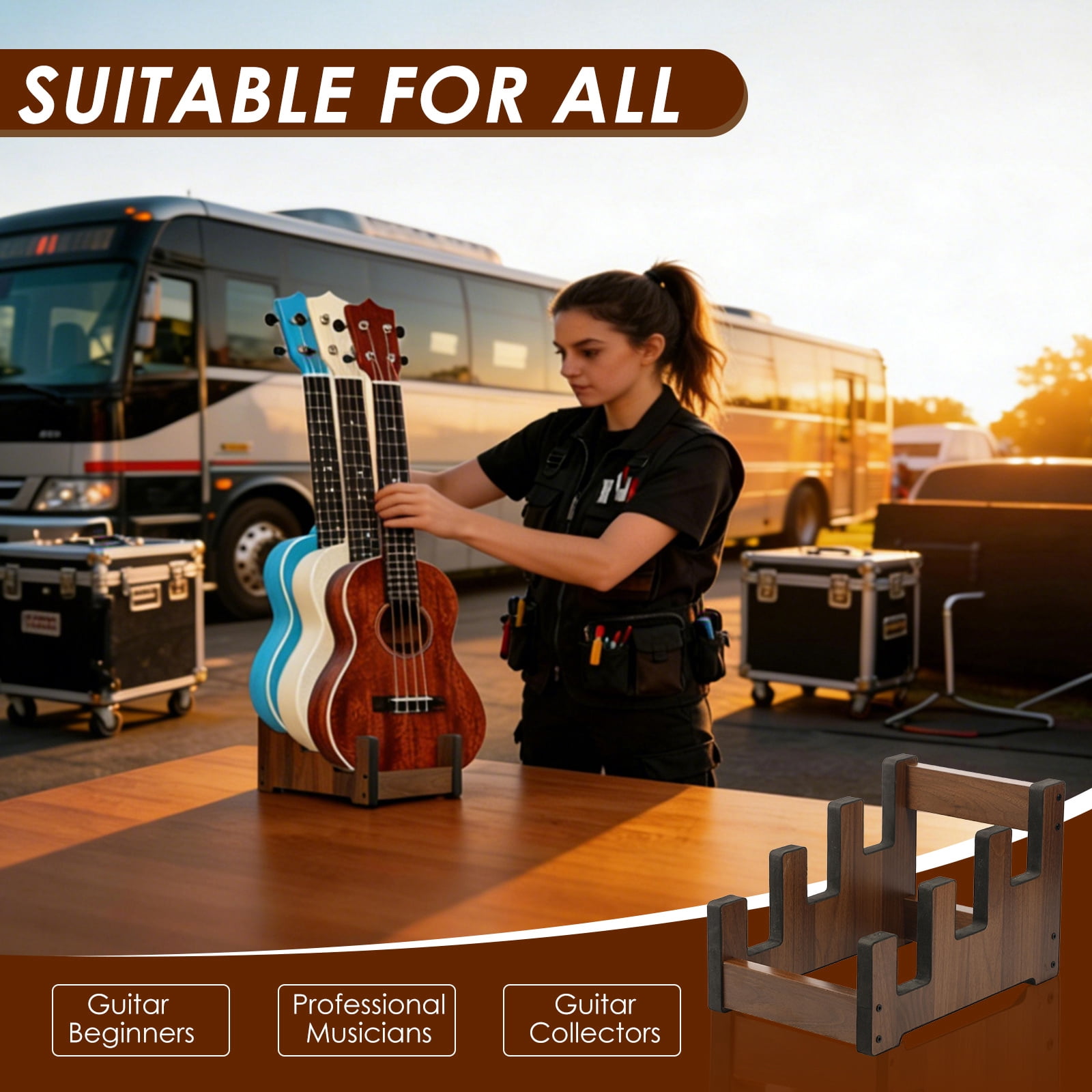 Evjurcn Wooden Guitar Stand for Multiple Guitars, 3-Holder Floor Guitar Rack – Space-Saving Front Display, Easy Assembly for Home, Studio, Stage