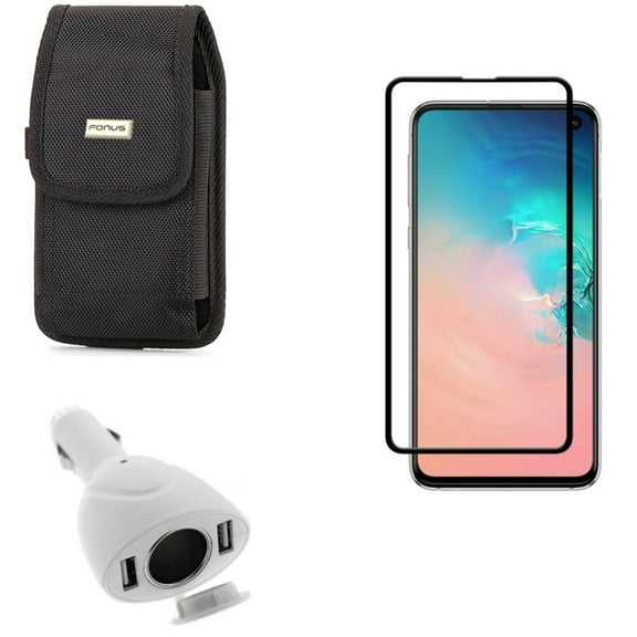 Galaxy S10e Case Belt Clip w Car Charger w Screen Protector - Swivel Holster Rugged, DC Socket 2-Port USB Power, Tempered Glass 5D Curved Edge for Samsung Galaxy S10e Phone