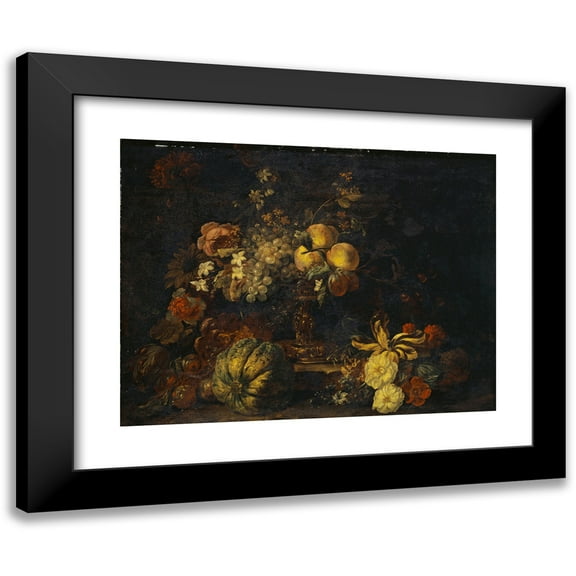 Gaspar Peeter Verbruggen the Younger 14x12 Black Modern Framed Museum Art Print Titled - Still Life with Flowers and Fruit (1682)