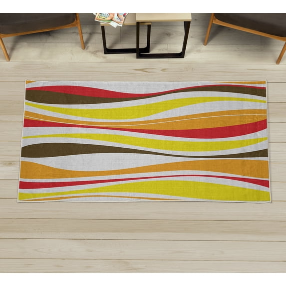 Vintage Decorative Rug, Retro Vibrant Stripes Funky Lines Design Patterns Abstract Print, Quality Carpet for Bedroom Dorm and Living Room, 6 Sizes, Yellow Red, by Ambesonne