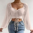 thumbnail image 2 of HAiming Blouse for Women Solid Color V Neck Drawstring Ruched Lantern Sleeve Crop Tops 2025 Trendy Fall Casual Shirts, 2 of 9