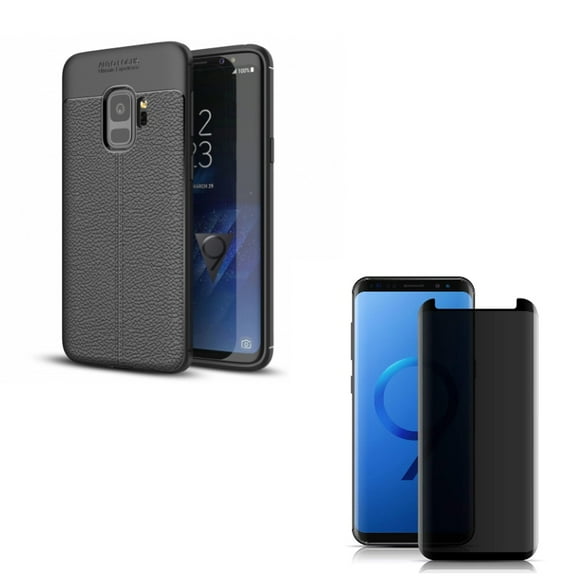 Galaxy S9 Tempered Glass Privacy Screen Protector w PU Leather Case - Curved Anti-Spy Anti-Peep, Slim Fit Cover Reinforced Bumper for Samsung Galaxy S9