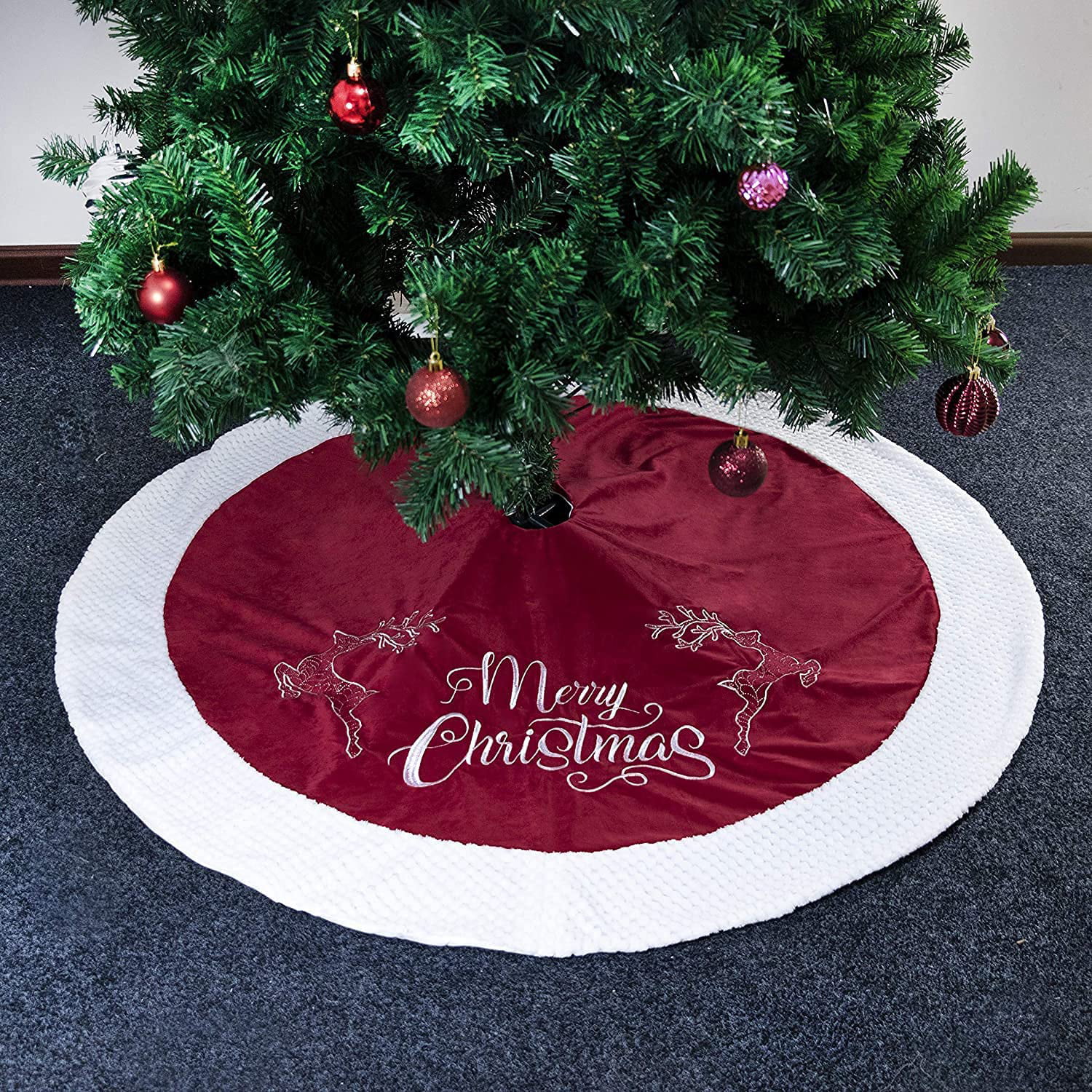 Beyond Your Thoughts 2021 New Large Christmas Tree Skirt 48 Inches Gray Burlap with Red Reindeer Snowflake White Faux Fur Christmas Party Decorations Gift for Family