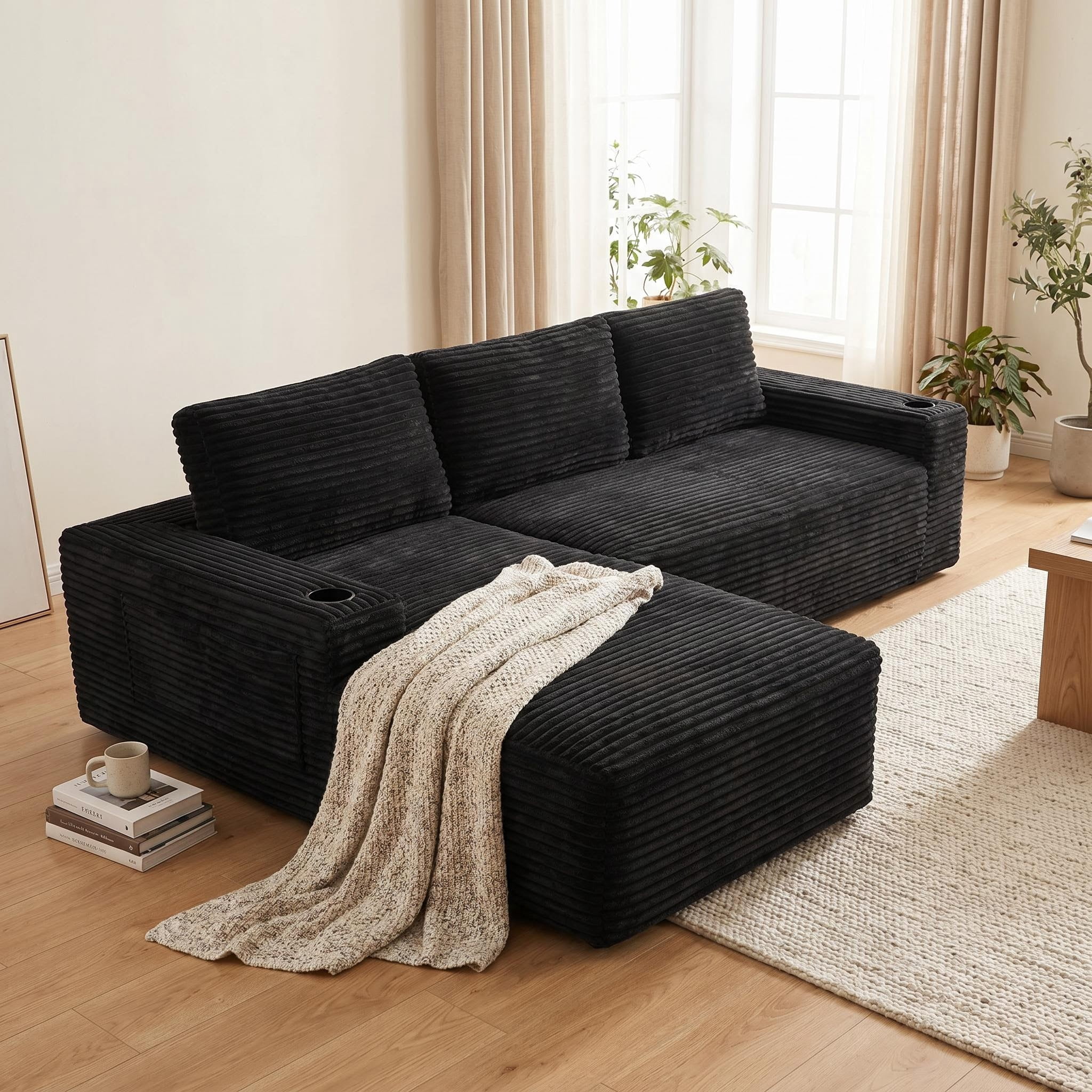 AISWORD 104.3" L-Shaped Modular Sectional Sofa, Corduroy 4-Seater Cloud Couch with Cup Holders & Side Pockets, Boneless Upholstered Sofa, No Assembly, Black, Left-Facing Chaise