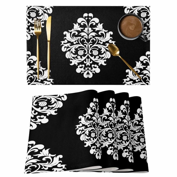 Baroque Black Placemats Set of 12 Vintage Damask Classic Floral Place Mats Indoor Wipeable Table Mats Washable Cloth Dining Table Placemats for Kitchen Holiday Party Home Decor 13x19 Inch