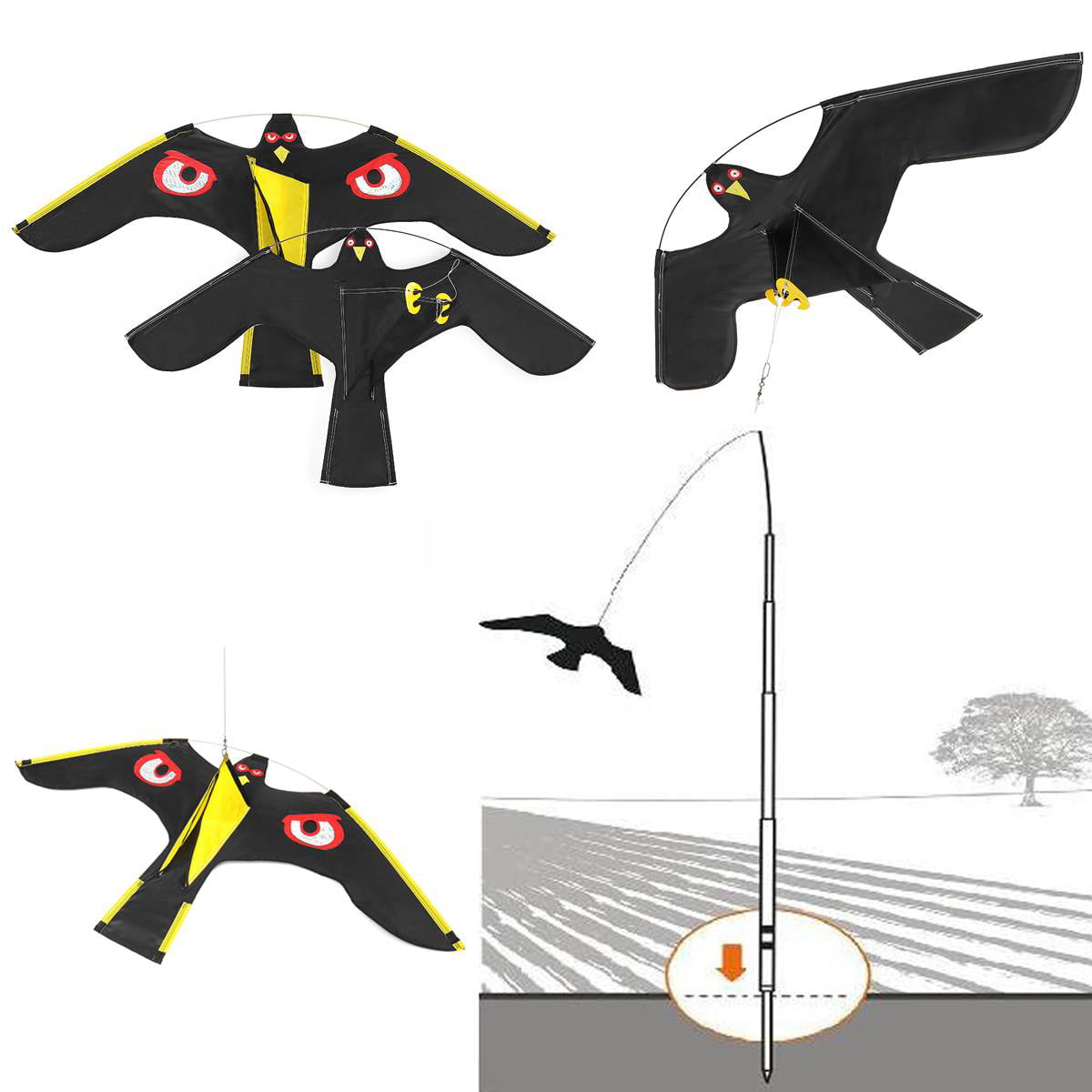Protect Farmers Crops Flying Bird Kite Scarer Hawk Kite Cometa Scarer Flying Hawk con Poste telescópico de 5 m Defensores águila Kite Repelente de Aves Extensible