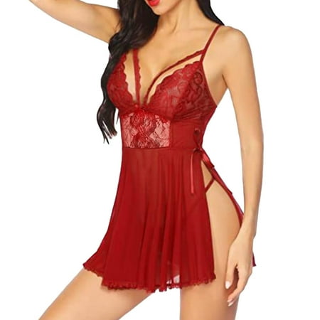 

KUNPENG Women Sexy Solid Color Suspender Dress Nightdress Lingerie Thong Nightdress Valentine s Nightgown Pajamas Red / L