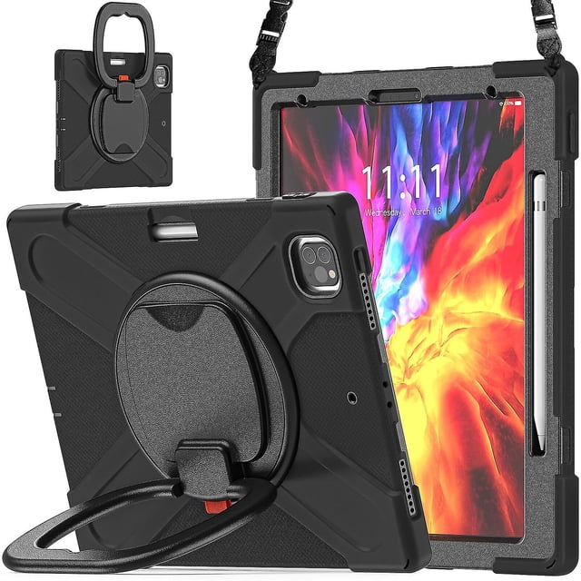 Funda a juego para iPad Pro de 12,9 pulgadas (2020) con correa para el hombro, soporte de anilla ajustable grande, portalápices y protección contra golpes.
