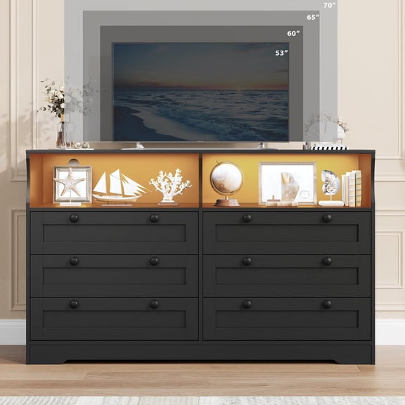EastVita Quality Products Elegant Rustic Black 6-Drawer Dresser with LED Strip Lighting & Charging Outlet – Ideal Storage Solution for Any Room