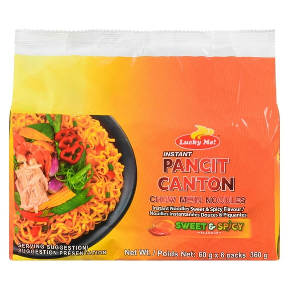 Lucky Me! Instant Pancit Canton Chow Mein Noodles Sweet & Spicy Flavour 6 Packs, 6x60g