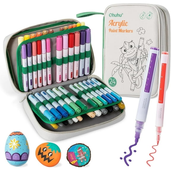 Ohuhu 48 Acrylic Markers, 24 Fine & 24 Round Tips, Reversible Chisel & Round, for Rock & Wood Surfaces