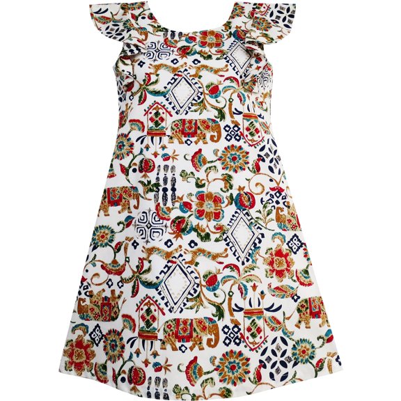 Girls Dress Traditional Hand Drawing Print Elephant Tree 7