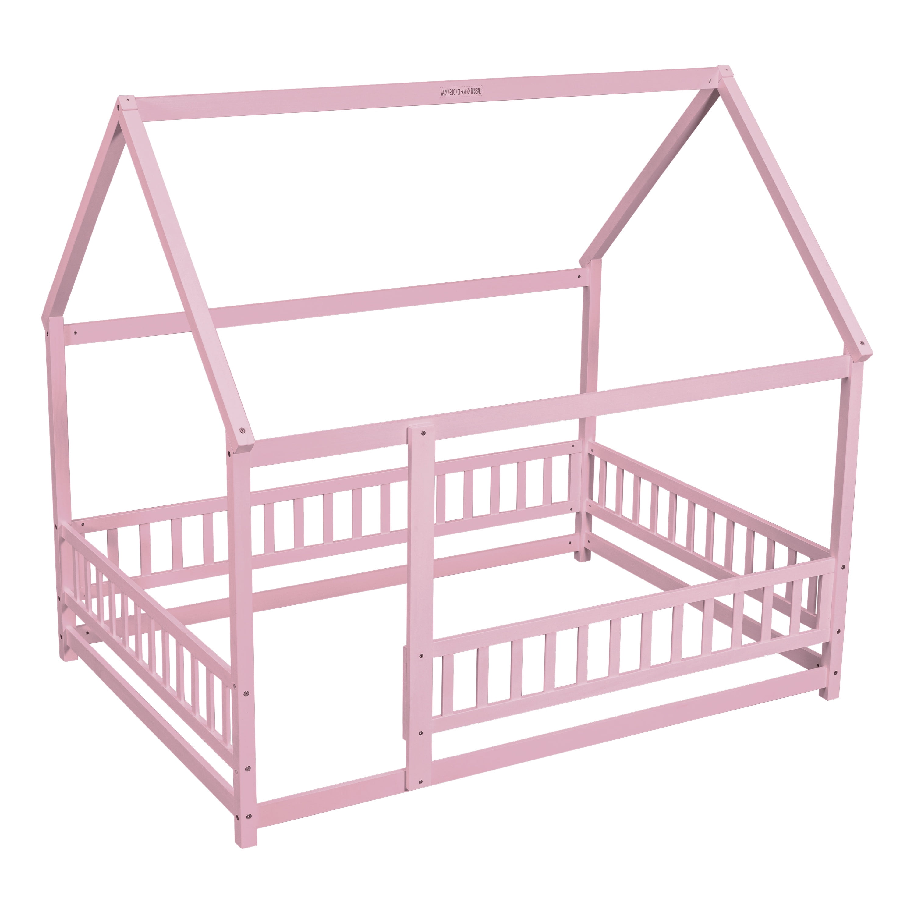 Bellemave Full Floor Bed, Wood Full Size House Bed Frame with Fence, Montessori Floor Bed for Bedroom（Pink)