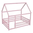 thumbnail image 3 of Bellemave Full Floor Bed, Wood Full Size House Bed Frame with Fence, Montessori Floor Bed for Bedroom（Pink), 3 of 8