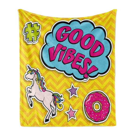 Chill Soft Flannel Fleece Throw Blanket, Colorful Fun Design Magic Unicorn Speech Bubble Stars and Donut, Cozy Plush for Indoor and Outdoor Use, 60" x 80", Multicolor, by Ambesonne