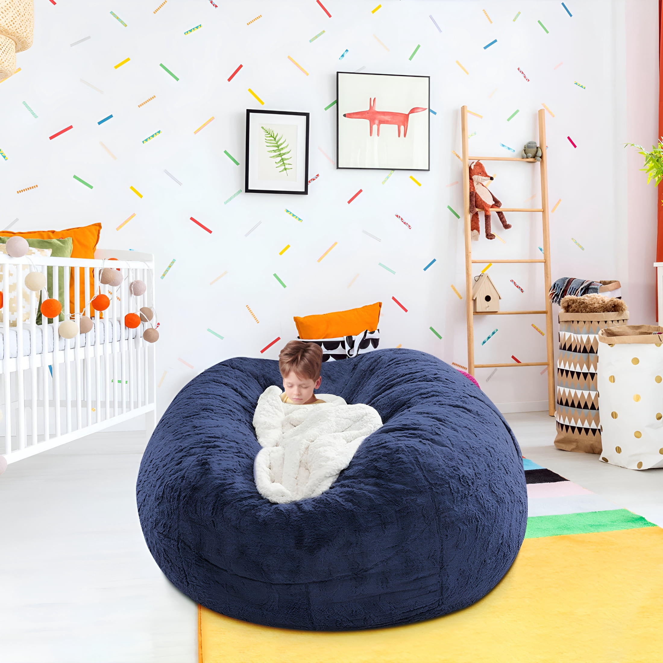 LAMIRO Soft Fluffy Bean Bag Chair for Adults, Lazy Chair Round Bean Bag with Washable Plush Cover