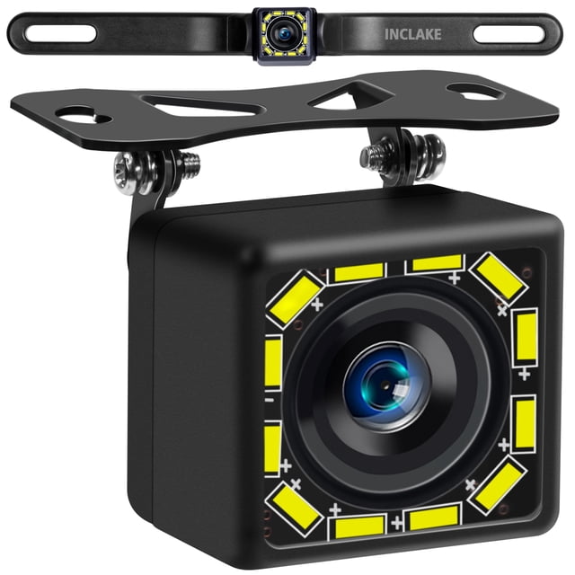 INCLAKE Cámara de marcha atrás para coche, cámara de visión trasera Ultra HD 12 LED de visión nocturna, cámara de marcha atrás impermeable de 140° de visión amplia ángel con múltiples soportes de mont