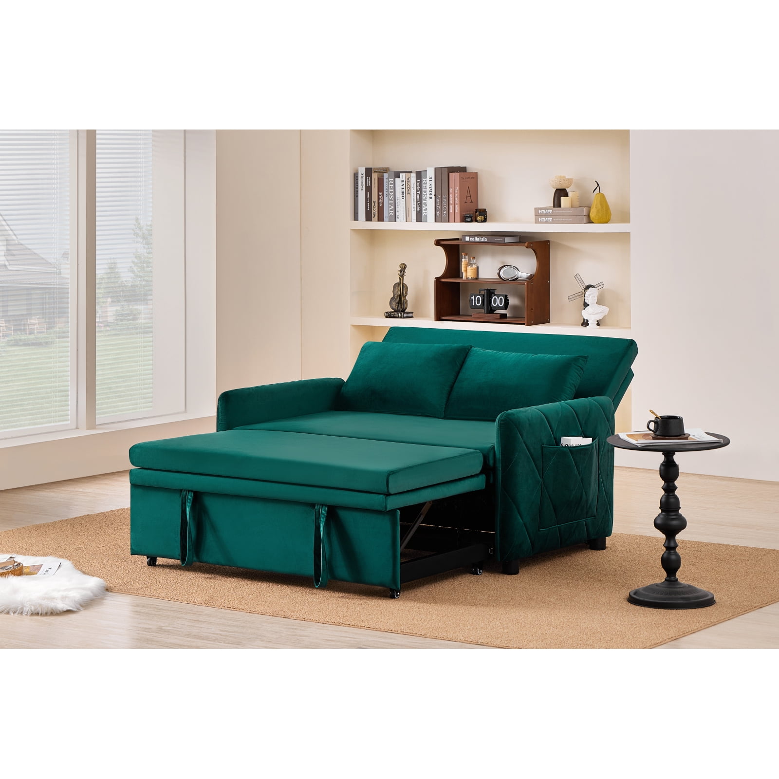Leumius 3 in 1 Convertible Sleeper Sofa Bed, Modern Convertible Sofa Bed with 5-Position Adjustable Backrest,Velvet Pull Out Couch with Pull Out Bed for Living Room Furniture,Green