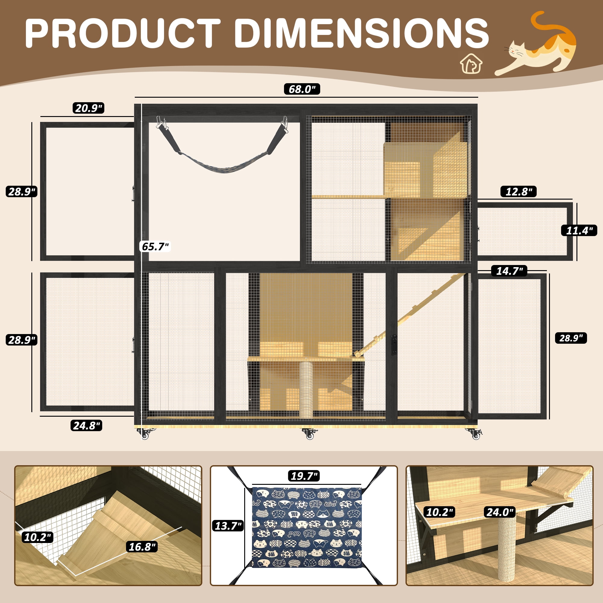 Haverchair 4-Tier Catio Cat Enclosure Outdoor, Portable Cat House Cage for Multiple Cats Indoor, Wood Kitty Condo w/Waterproof Roof Wheels Platforms Hammock Scratching Post for Sunbathing Playing