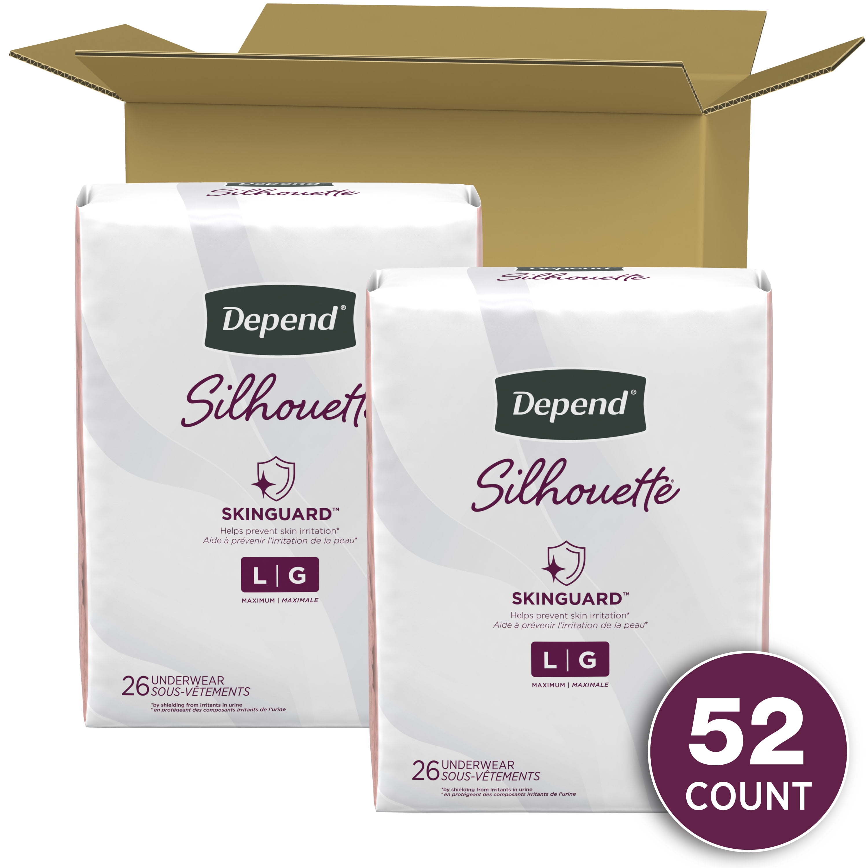 Depend Silhouette Adult Incontinence Underwear for Women, L, Pink, 52Ct 