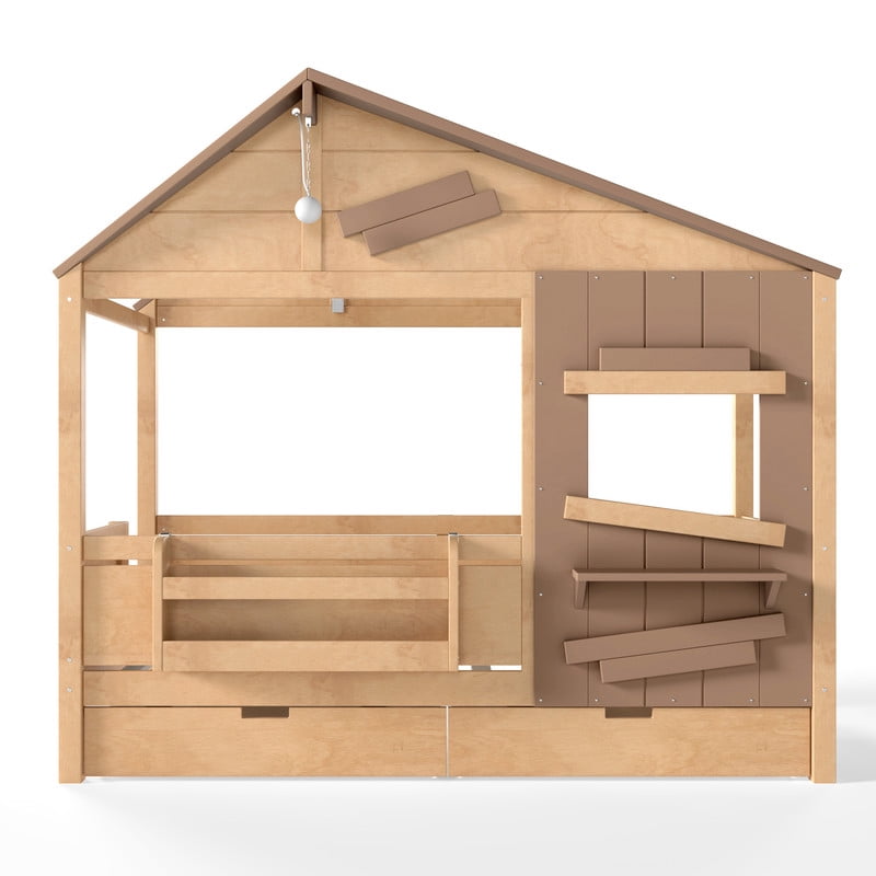 Twin House-Shaped Kid's Bed with Built-in Bookshelf & Light Bulb, Wooden Platform Bed Frame with 2 Drawers & 5 Round Hooks