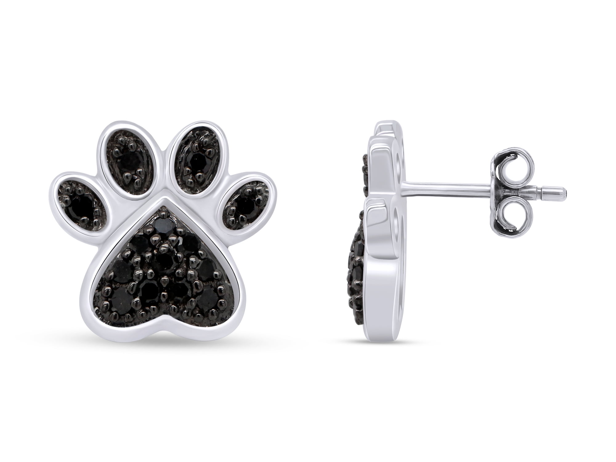 Black Diamond Accent Paw Print Womens Stud Earrings 14k White Gold Over