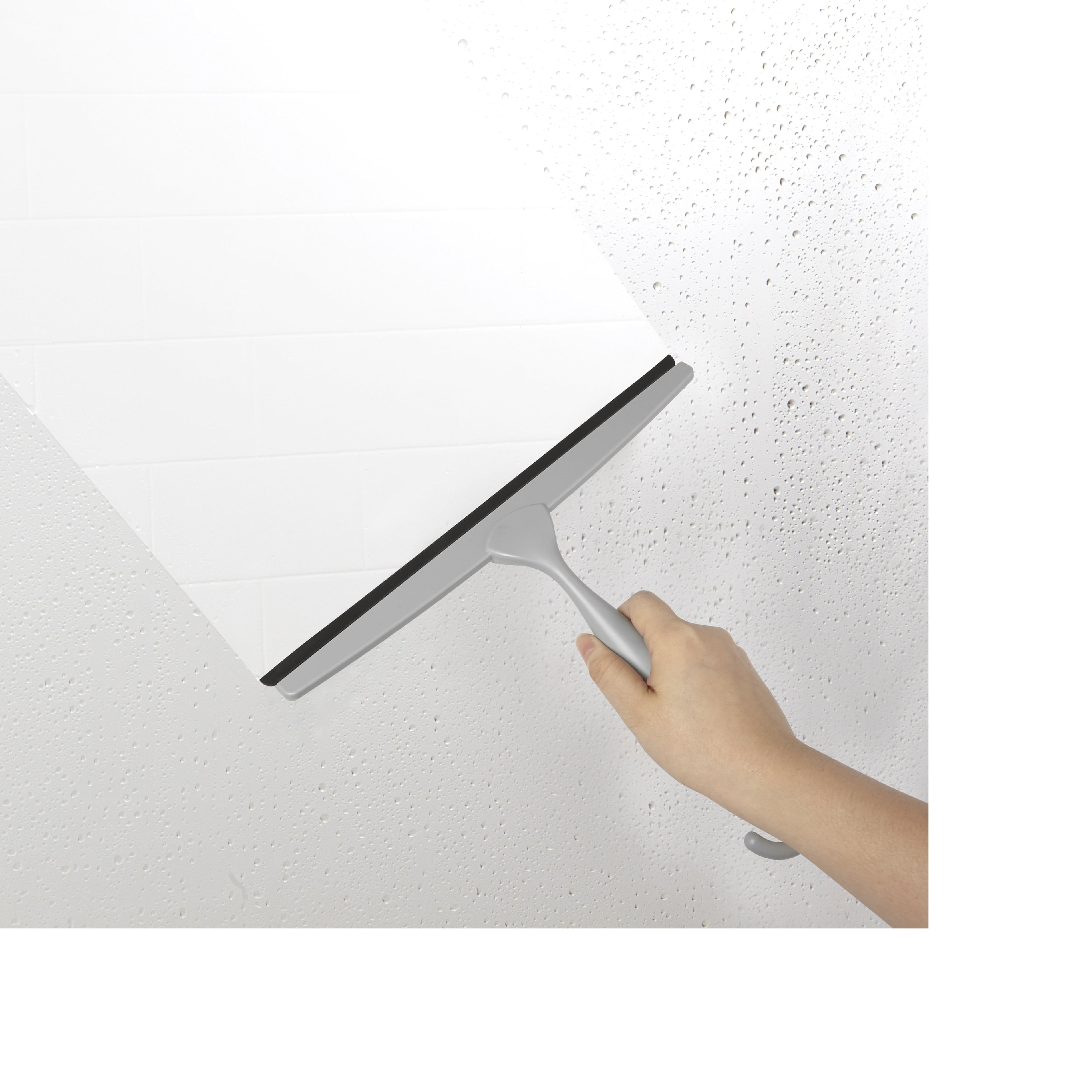 Grey and white shower squeegee with rotating hook