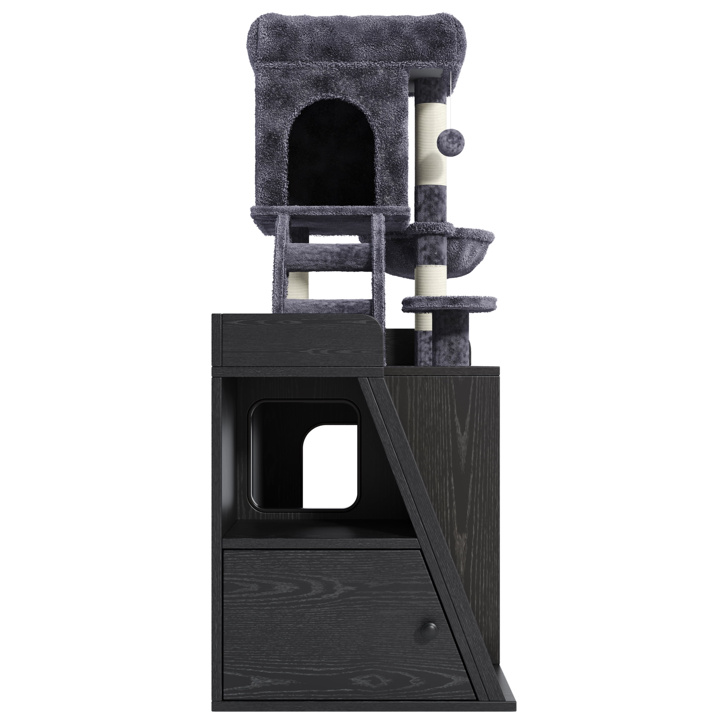 Euroco Cat Tree with Litter Box Enclosure, All-in-one Cat Tower with LED Light,Sisal Scratching Post,Hammock,House,Platform & Storage Space,Hidden Litter Box Furniture with Condo,Black