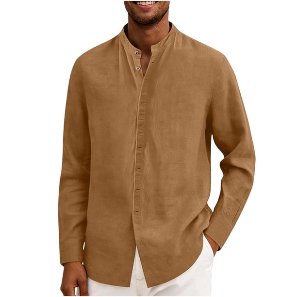 Ceisia Men's Relaxed Fit Linen Blend Stand Collar Shirt, Solid Color Long Sleeve Casual Button-Up Top Gifts