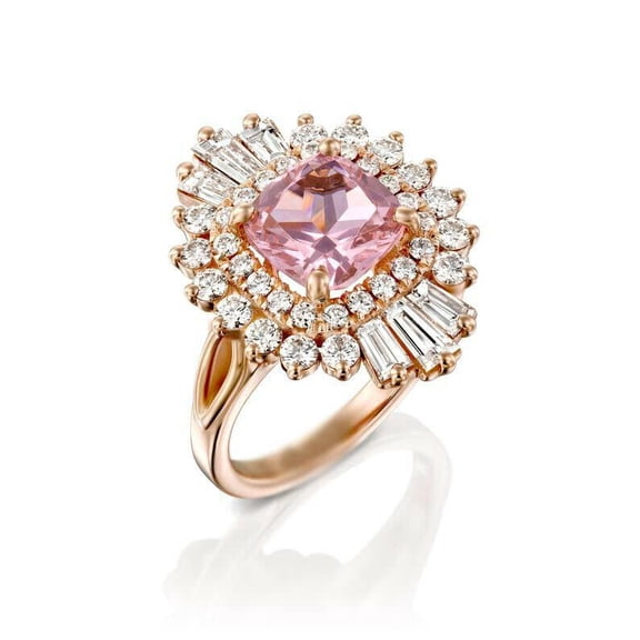HeartsAndYou 4ct Natural Morganite Diamond Engagement Ring Ballerina Halo 14k SOLID Rose Gold