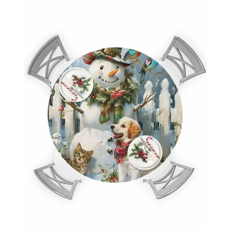 

Round Tablecloth with Elastic Christmas Xmas Wreath Snowman Animal Dog Cat Winter Waterproof Table Cover Wipeable Fitted Table Cloths for 55 -60 Round Tables Dining Kitchen Indoor Outdoor Use