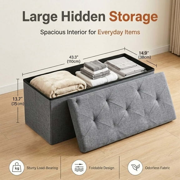 43" Storage Ottoman Bench, Folding Ottoman Foot Rest, Storage Chest with Thicker Seat, Storage for Blankets in Living Room, Entryway, Bedroom, Grey