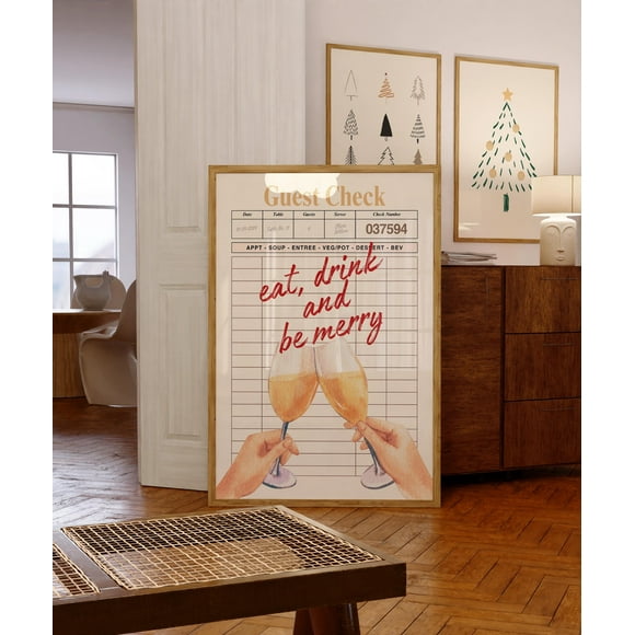 MoritanX Trendy Christmas Guest Check Print, Eat Drink and Be Merry Holiday Bar Cart Decor, Retro Cheers Guest Check Print Bar Cart Poster,