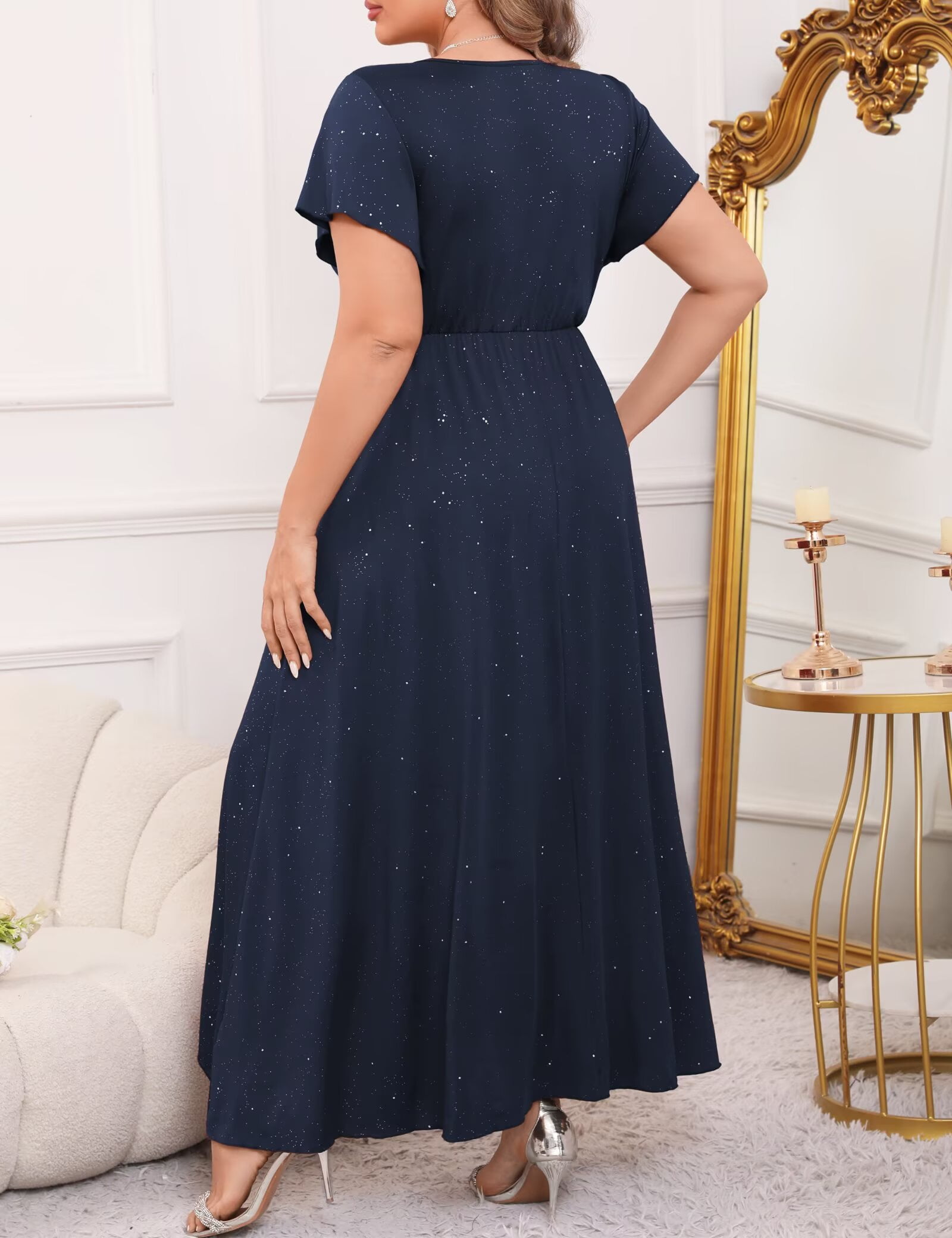 Plus Size Formal Dresses Glitter V Neck Split Wedding Cocktail Long Evening Dress Noble Blue 4XL - image 3