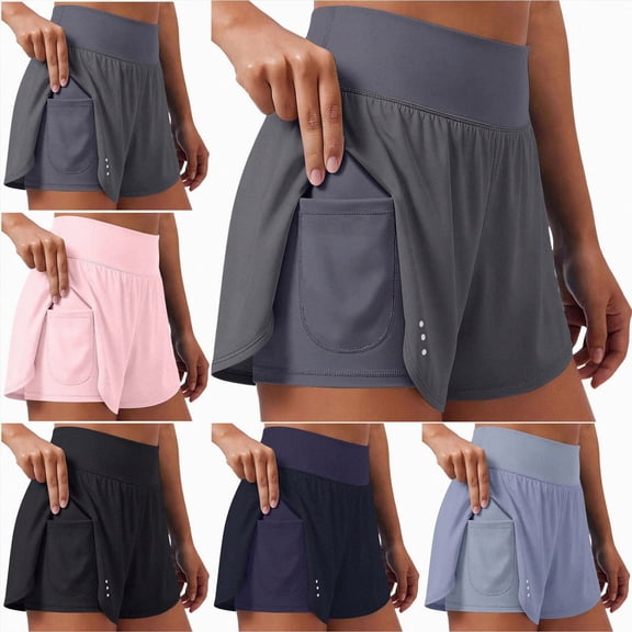 COMVALUE Women's Running Shorts with Zipper Pocket 2 in 1 High Wasited Workout Athletic Gym Yoga Spandex Shorts for Women Navy S