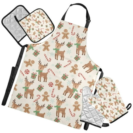 Ryvnso Elk Candy Cane Reindeers Kitchen Apron Oven Mitts Set Pot Holders