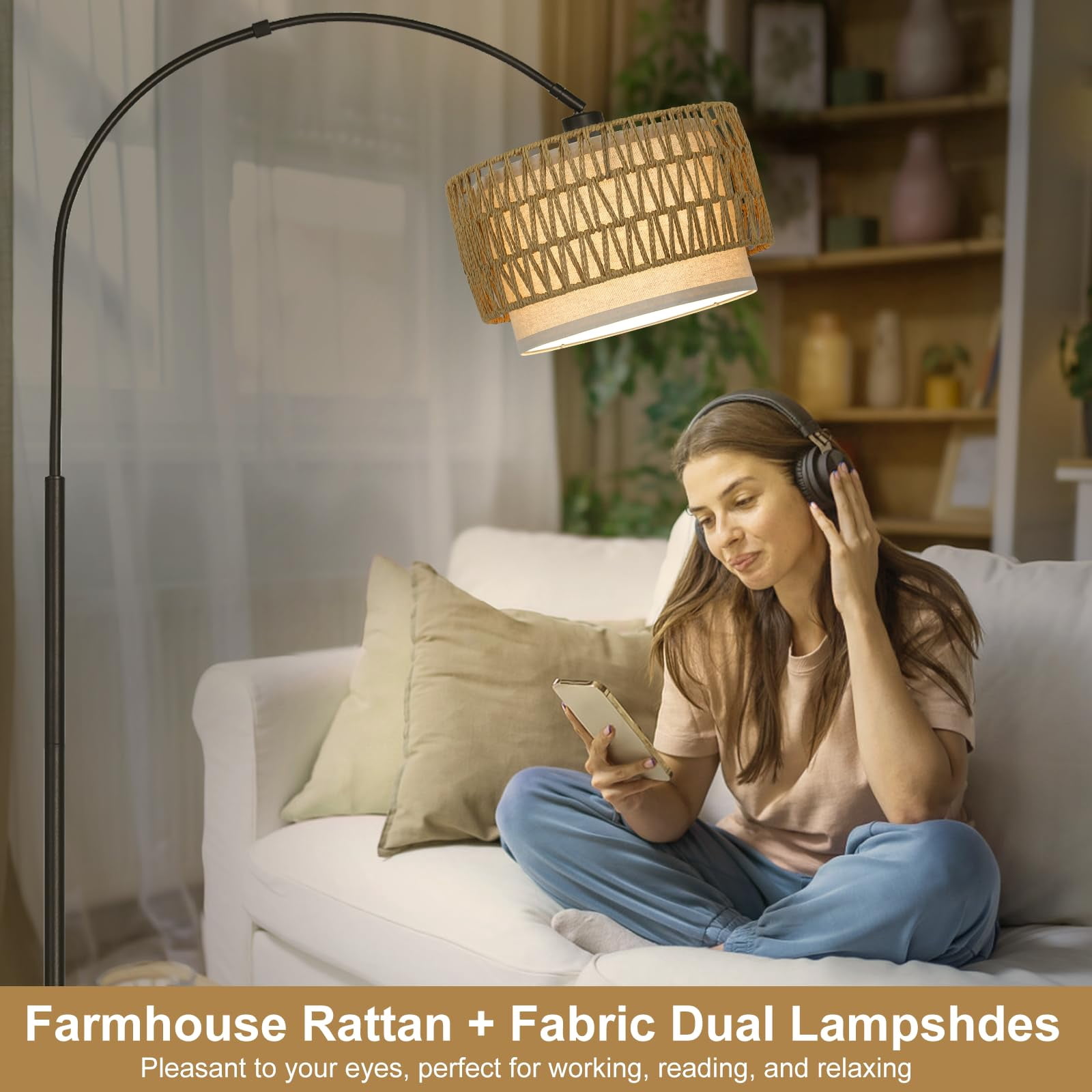 Rattan Floor Lamp  Arc Lamps For Living Room Farmhouse Standing With Adjustable Hanging Fabric Shade Tall Pole Foot Over Couch Arched Reading Light Bedroom Office