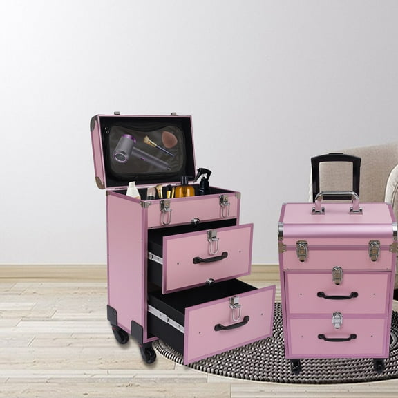 Denest Cosmetic Pro Rolling Makeup Train Case Aluminum Trolley Train Case Box Organizer