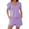 thumbnail image 1 of Women Two Piece Outfits Tracksuit Half Zip Lapel Cap Sleeve Sweatshirt High Waist Drawstring Shorts Set Sweatsuit, 1 of 6