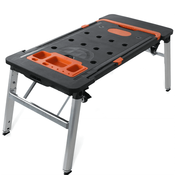 TLGREEN 7-in-1 Multifunctional Folding Work Table, Portable Workbench for Garage, as Sawhorse, Scaffold, Platform, Car Creeper, Dolly with Wheels