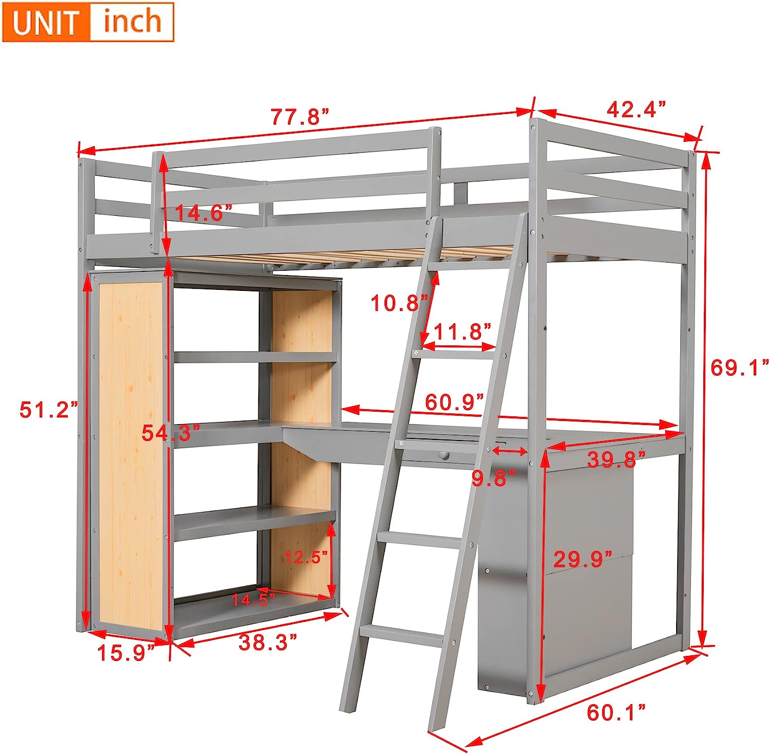 DEALTOPS Twin Size Loft Bed with Ladder, Shelves, and Desk, White - Gray