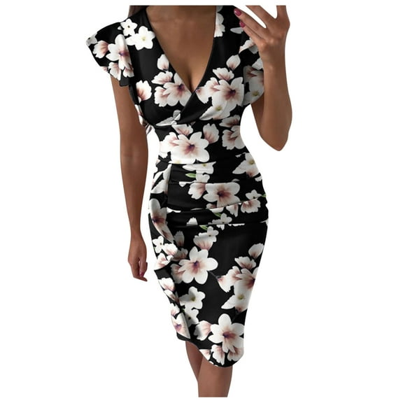 Dresses for Women Summer Wedding Guest Sleeveless Print Maxi Multicolor Print V-Neck Pleated Slit Dress