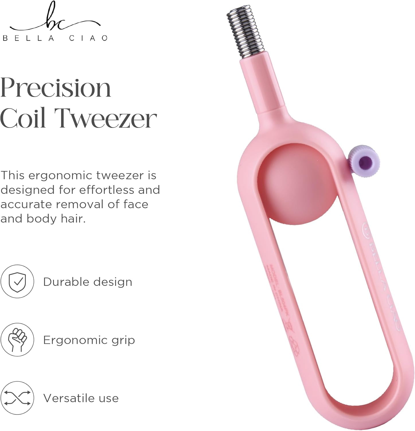 Bella Ciao Coil-Spring Facial Hair Remover Tweezers, One-Handed Hair Removal Tool, Pink