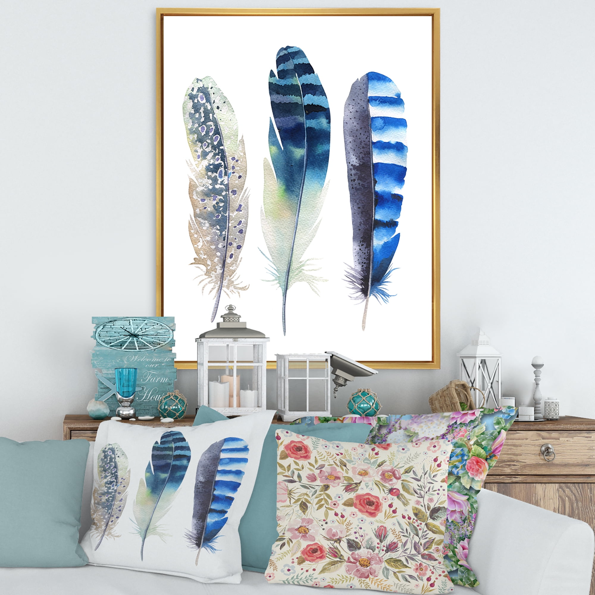 Designart 'Colourful Boho Art Feathers I' Bohemian & Eclectic Framed Canvas Wall Art Print