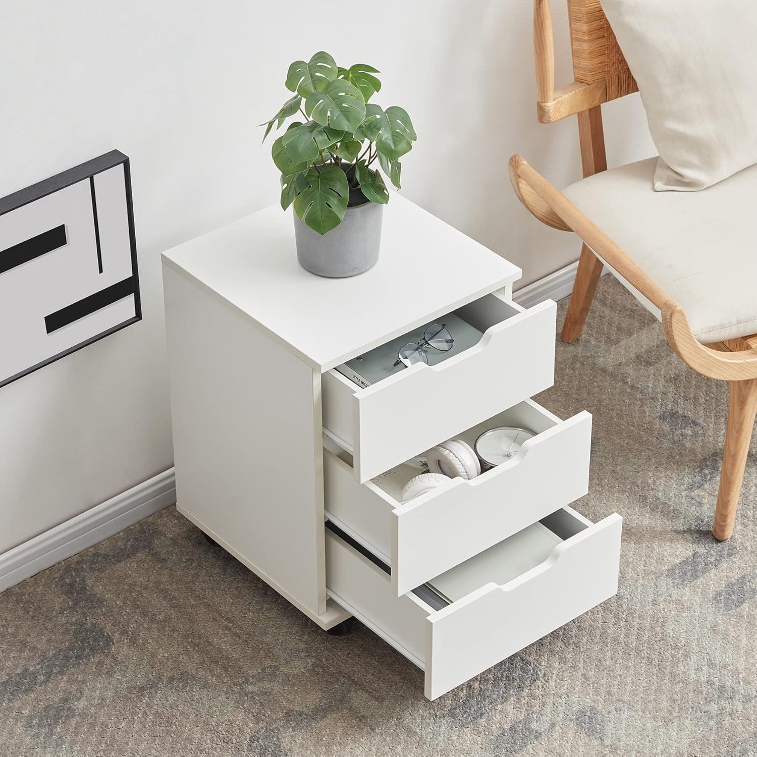 3-Drawer Vertical Filing Cabinet Rolling Wood Mobile File Cabinets Under Desk for Home Office with Casters (White, Non-Assembled)