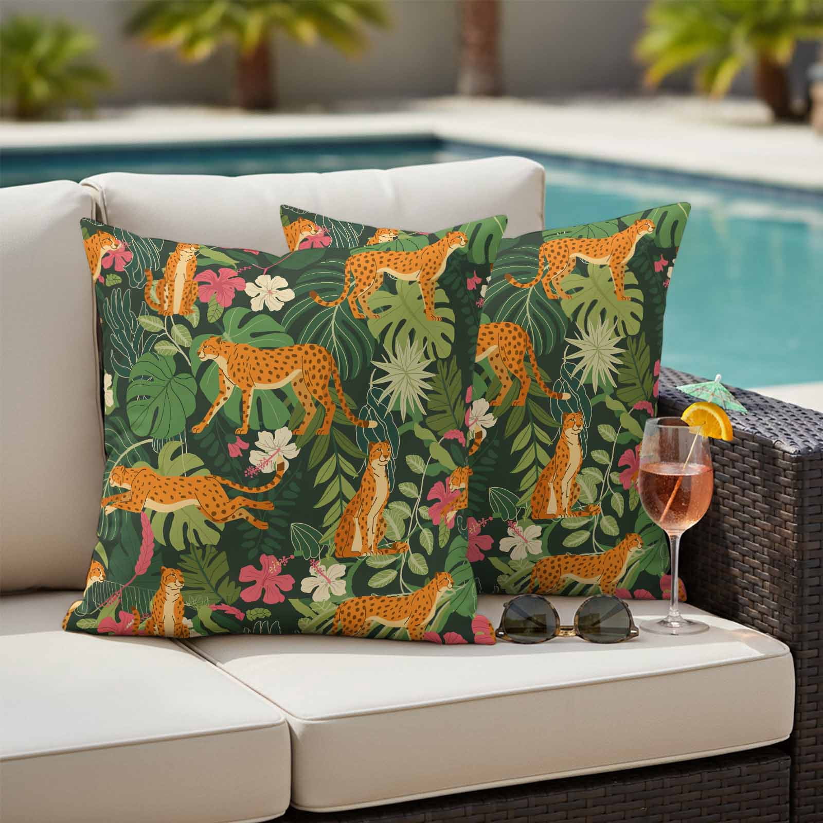 Tropical Plants Outdoor Waterproof Pillow Covers, Summer Botanical Animals Flowers Leaves Decorative Square Throw Pillowcase Sofa Cushion Sham for Patio/Couch/Chair, 18"x18" 2 Pack